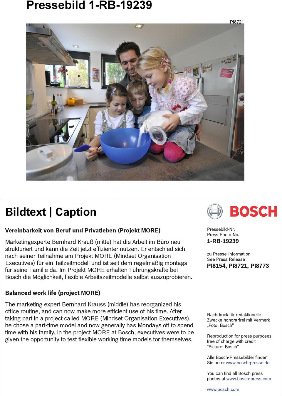 Im Projekt MORE erhalten Führungskräfte bei Bosch die Möglichkeit, flexible Arbeitszeitmodelle selbst auszuprobieren. Pressebild-Nr. Press Photo No.