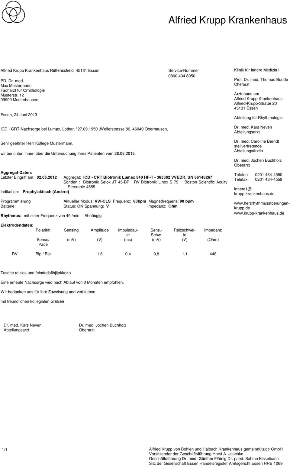 1950,Weilerstrasse 86, 46049 Oberhausen, wir berichten Ihnen über die Untersuchung Ihres Patienten vom 28.08.2013. Aggregat-Daten: Letzter Eingriff am: 02.05.