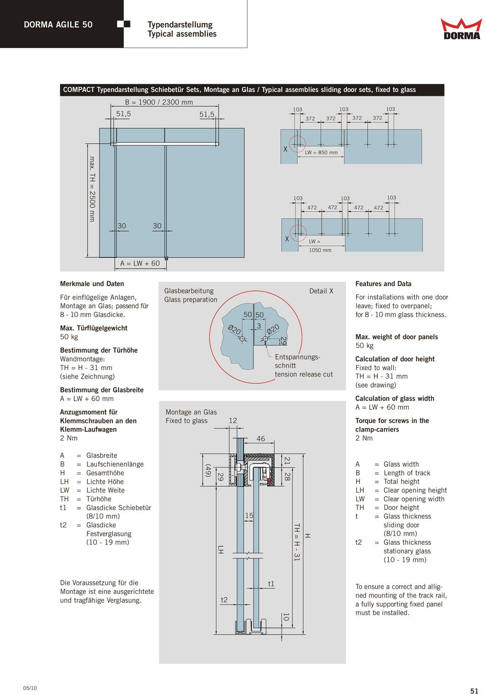 Türflügelgewicht 50 kg Bestimmung der Türhöhe Wandmontage: TH = H - 31 mm (siehe Zeichnung) Bestimmung der Glasbreite A = LW + 60 mm Anzugsmoment für Klemmschrauben an den Klemm-Laufwagen 2 Nm