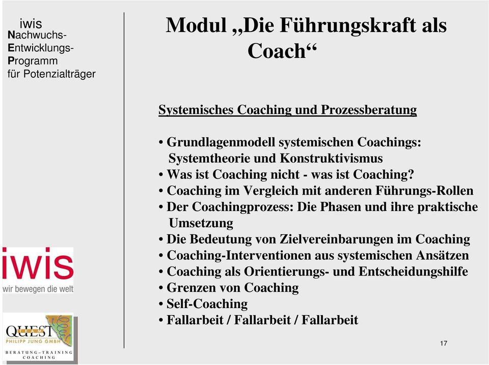 Coaching im Vergleich mit anderen Führungs-Rollen Der Coachingprozess: Die Phasen und ihre praktische Umsetzung Die Bedeutung von