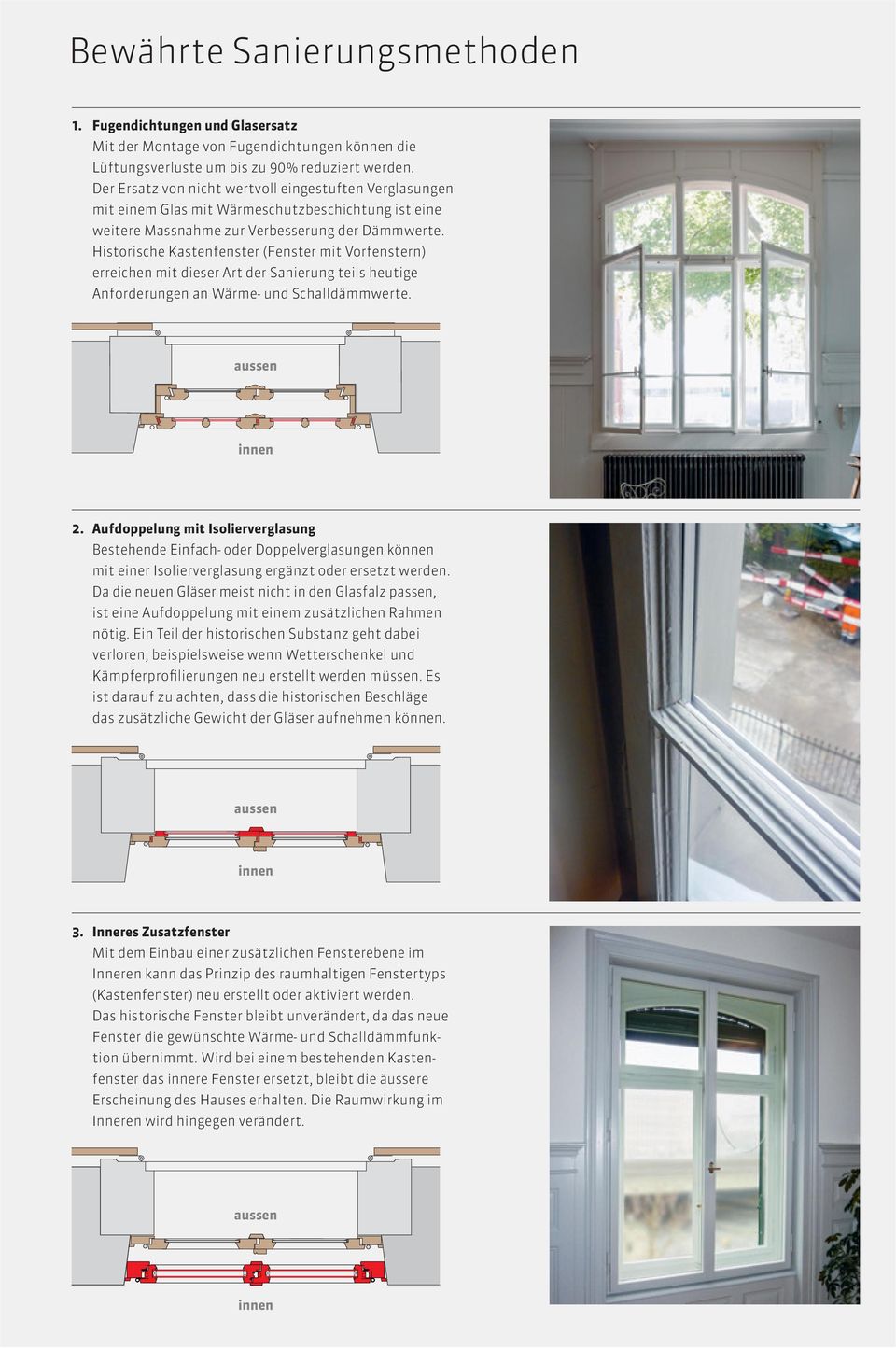 Historische Kastenfenster (Fenster mit Vorfenstern) erreichen mit dieser Art der Sanierung teils heutige Anforderungen an Wärme- und Schalldämmwerte. 2.