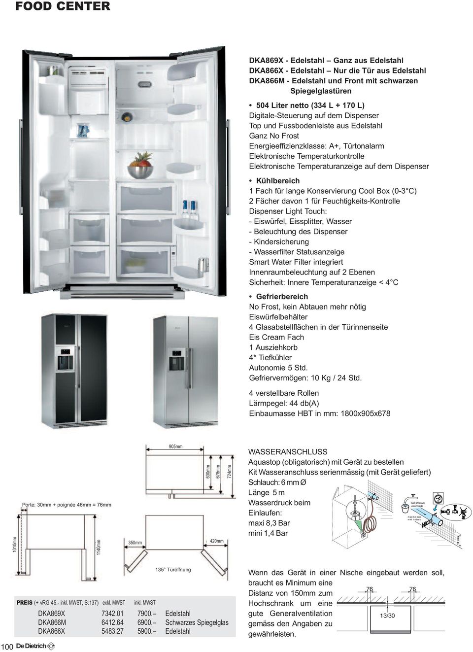 dem Dispenser Kühlbereich 1 Fach für lange Konservierung Cool Box (0-3 C) 2 Fächer davon 1 für Feuchtigkeits-Kontrolle Dispenser Light Touch: - Eiswürfel, Eissplitter, Wasser - Beleuchtung des