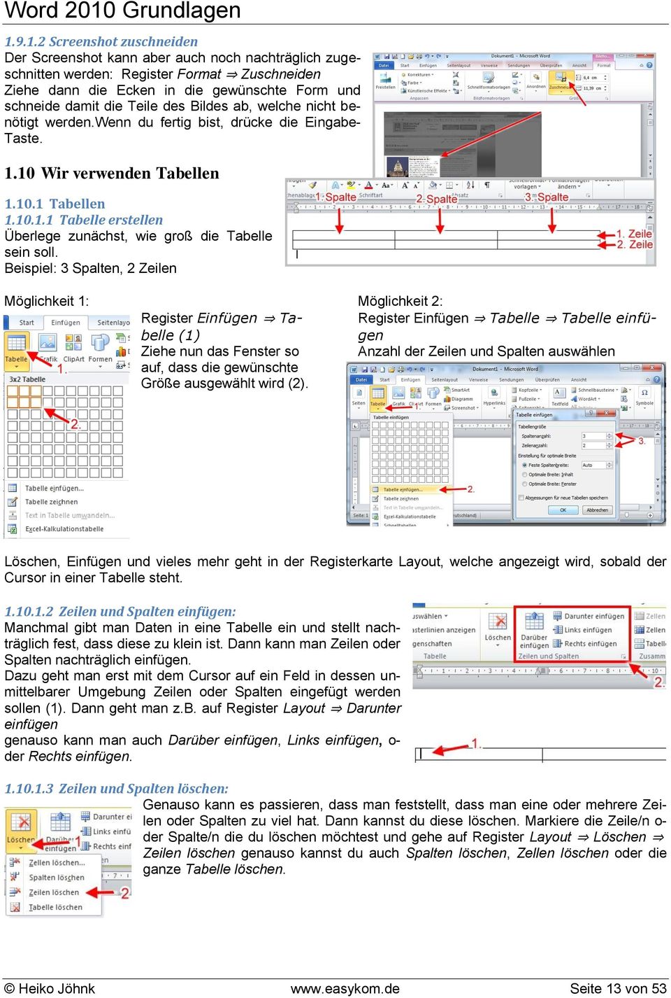 Beispiel: 3 Spalten, 2 Zeilen Möglichkeit 1: Register Einfügen Tabelle (1) Ziehe nun das Fenster so auf, dass die gewünschte Größe ausgewählt wird (2).