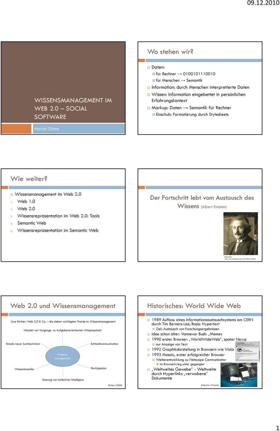 Daten Semantik für Rechner Einschub: Formatierung durch Stylesheets Marcel Götze Wie weiter? Wissensmanagement im Web 2.0 1. Web 1.0 2. Web 2.0 3. Wissensrepräsentation ti im Web 20 2.0: Tools 4.