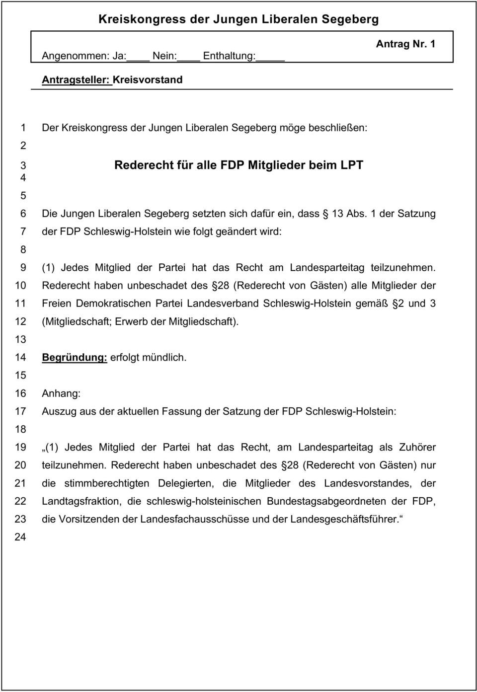 1derSatzung derfdpschleswignholsteinwiefolgtgeändertwird: (1) Jedes Mitglied der Partei hat das Recht am Landesparteitag teilzunehmen.