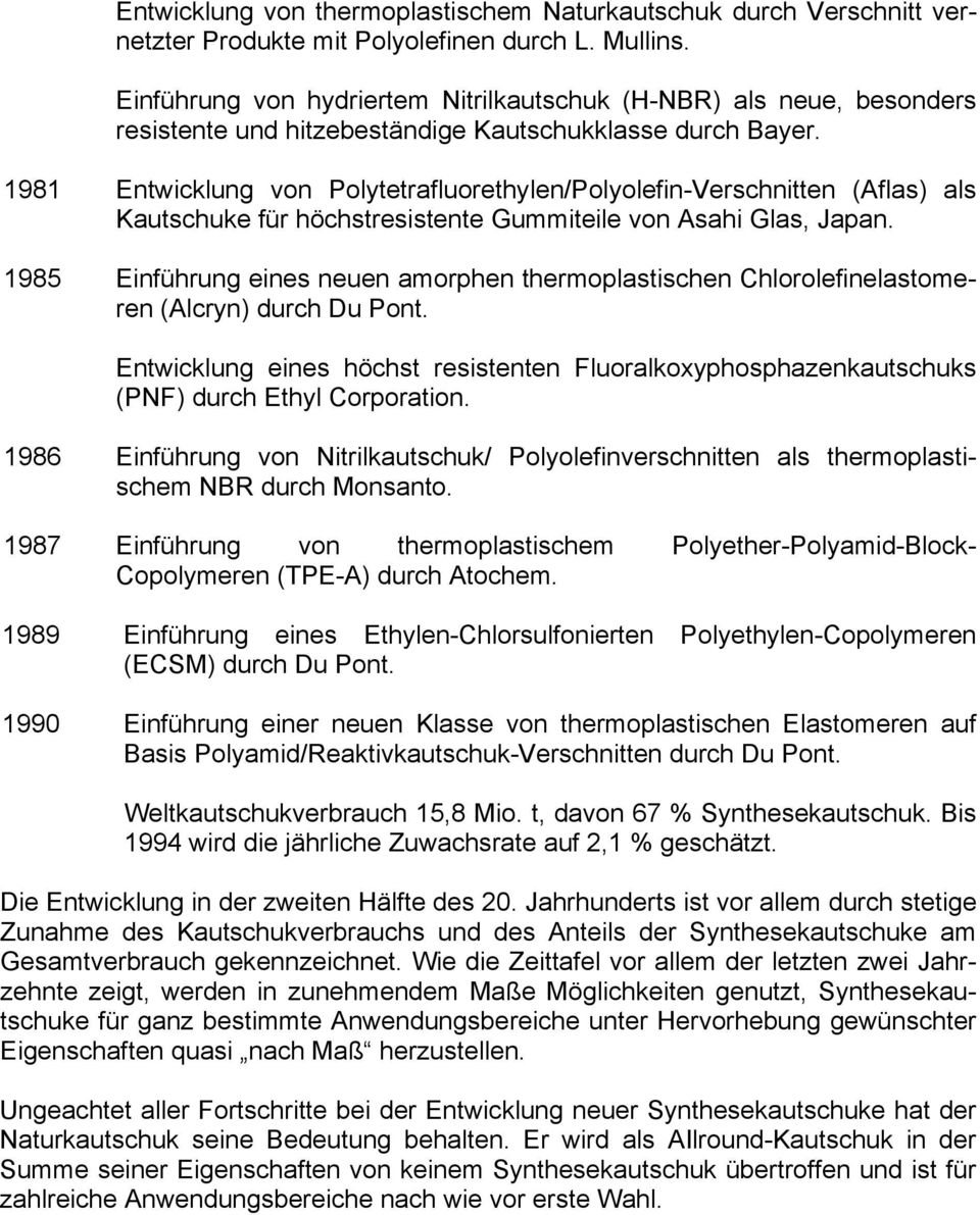 1981 Entwicklung von Polytetrafluorethylen/Polyolefin-Verschnitten (Aflas) als Kautschuke für höchstresistente Gummiteile von Asahi Glas, Japan.