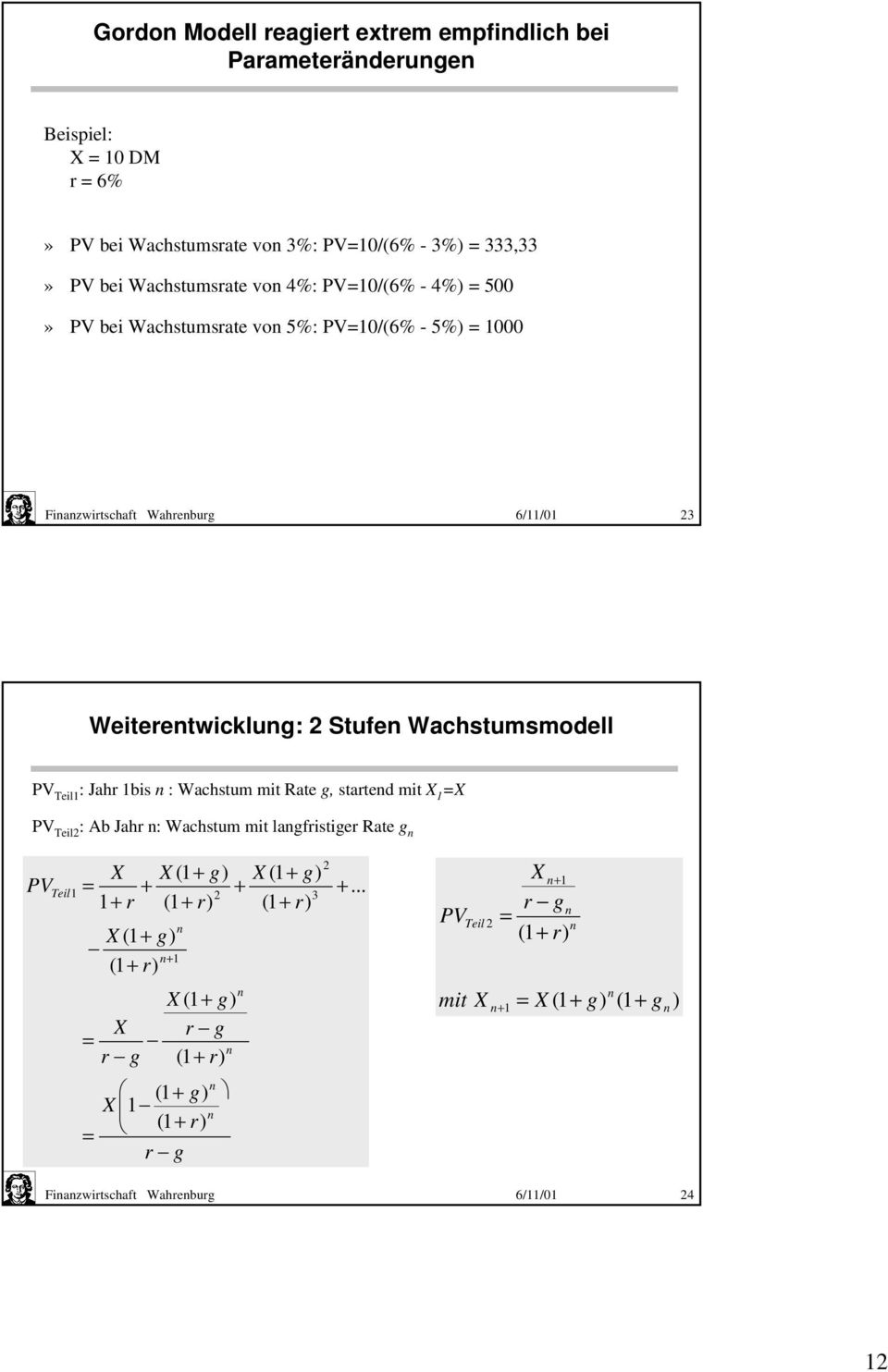 1bis n : Wachstum mit Rate g, statend mit X 1 X PV Teil : Ab Jah n: Wachstum mit langfistige Rate g n PV Teil1 X X (1 + g) X (1 + g) + + 3 1+ (1 +