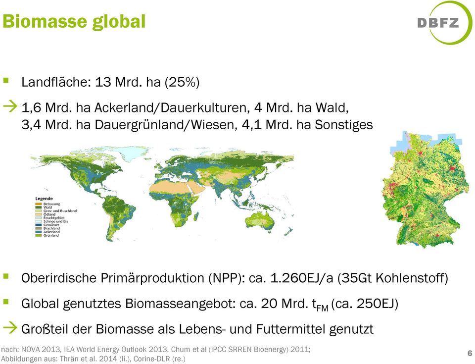 260EJ/a (35Gt Kohlenstoff) Global genutztes Biomasseangebot: ca. 20 Mrd. t FM (ca.