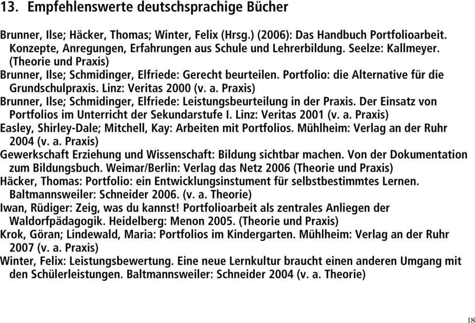 Praxis) Brunner, Ilse; Schmidinger, Elfriede: Leistungsbeurteilung in der Praxis. Der Einsatz von Portfolios im Unterricht der Sekundarstufe I. Linz: Veritas 2001 (v. a.
