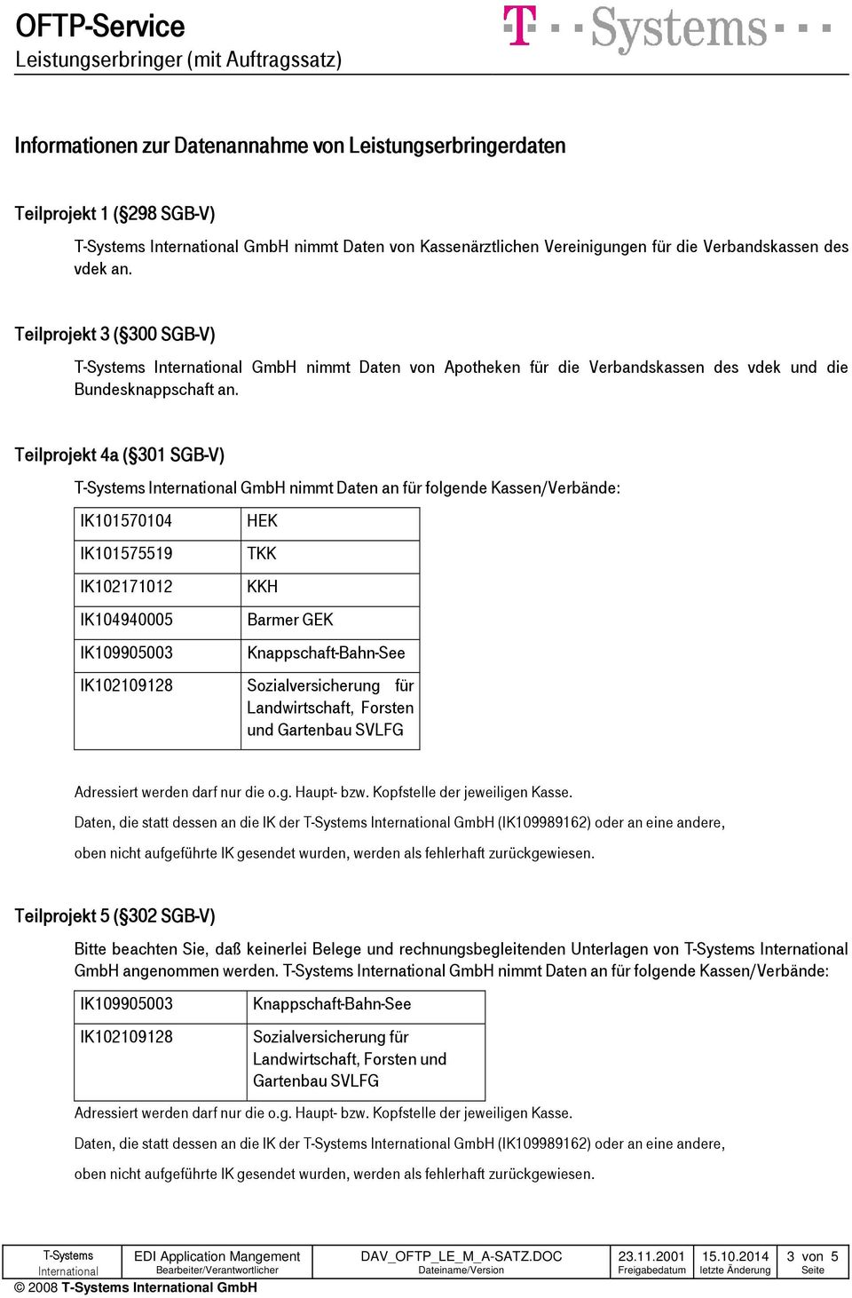 Teilprojekt 4a ( 301 SGB-V) T-Systems GmbH nimmt Daten an für folgende Kassen/Verbände: IK101570104 IK101575519 IK102171012 IK104940005 IK109905003 HEK TKK KKH Barmer GEK Knappschaft-Bahn-See