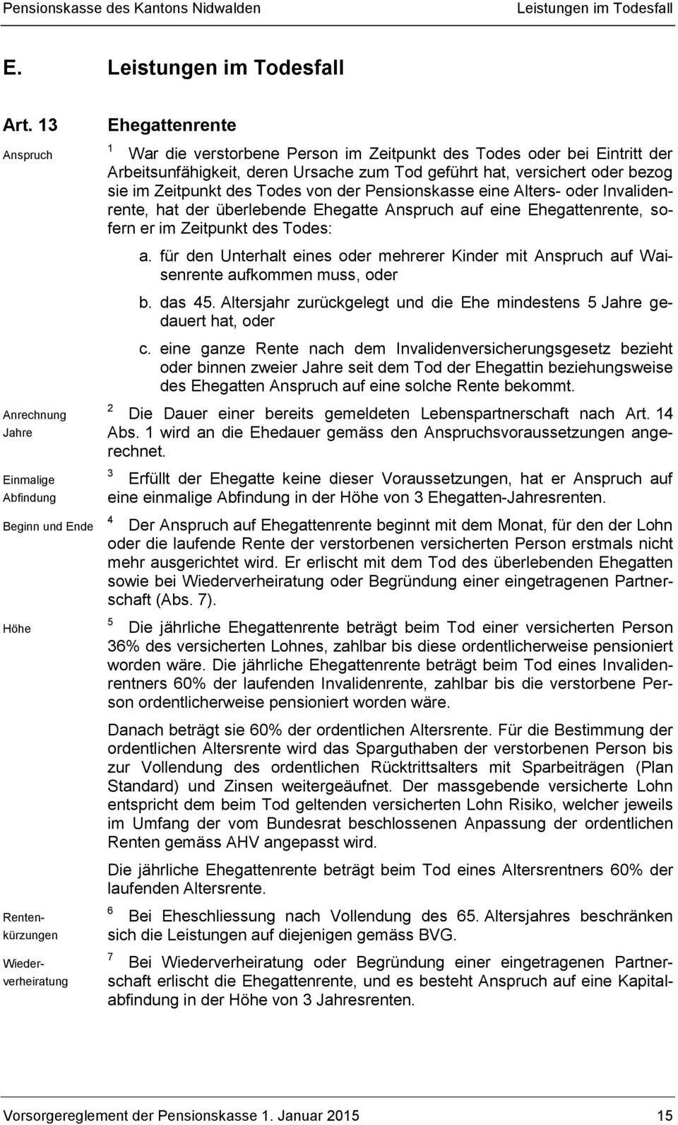 Arbeitsunfähigkeit, deren Ursache zum Tod geführt hat, versichert oder bezog sie im Zeitpunkt des Todes von der Pensionskasse eine Alters- oder Invalidenrente, hat der überlebende Ehegatte Anspruch