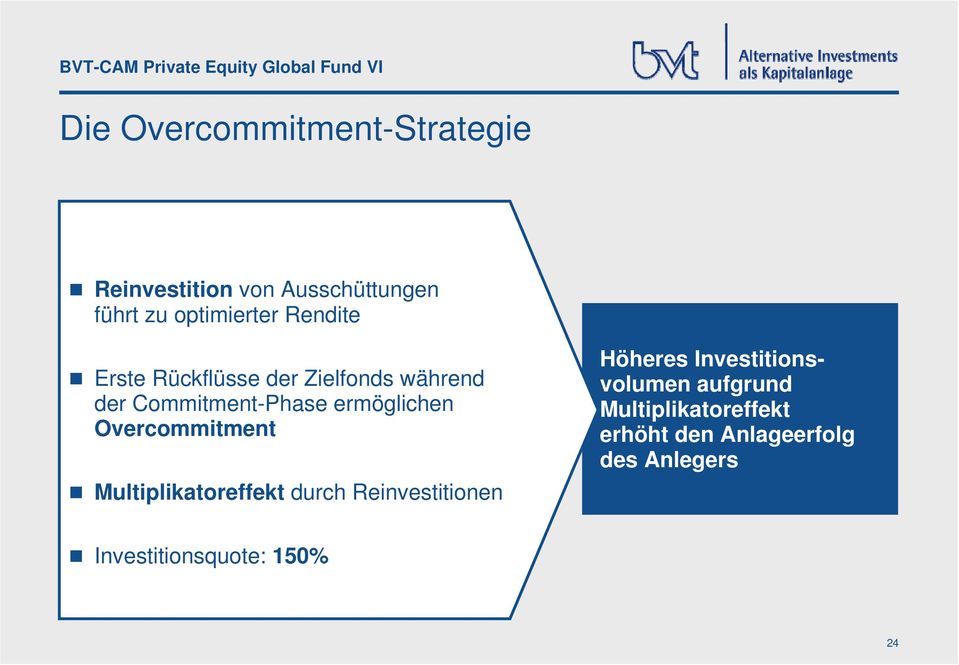 Overcommitment Multiplikatoreffekt durch Reinvestitionen Höheres Investitionsvolumen