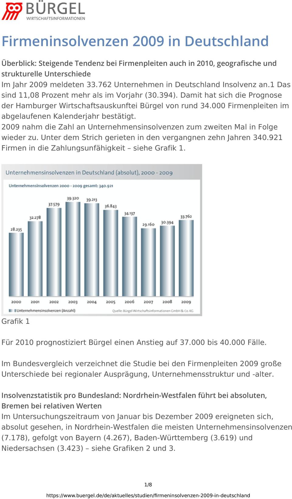 000 Firmenpleiten im abgelaufenen Kalenderjahr bestätigt. 2009 nahm die Zahl an Unternehmensinsolvenzen zum zweiten Mal in Folge wieder zu. Unter dem Strich gerieten in den vergangnen zehn Jahren 340.