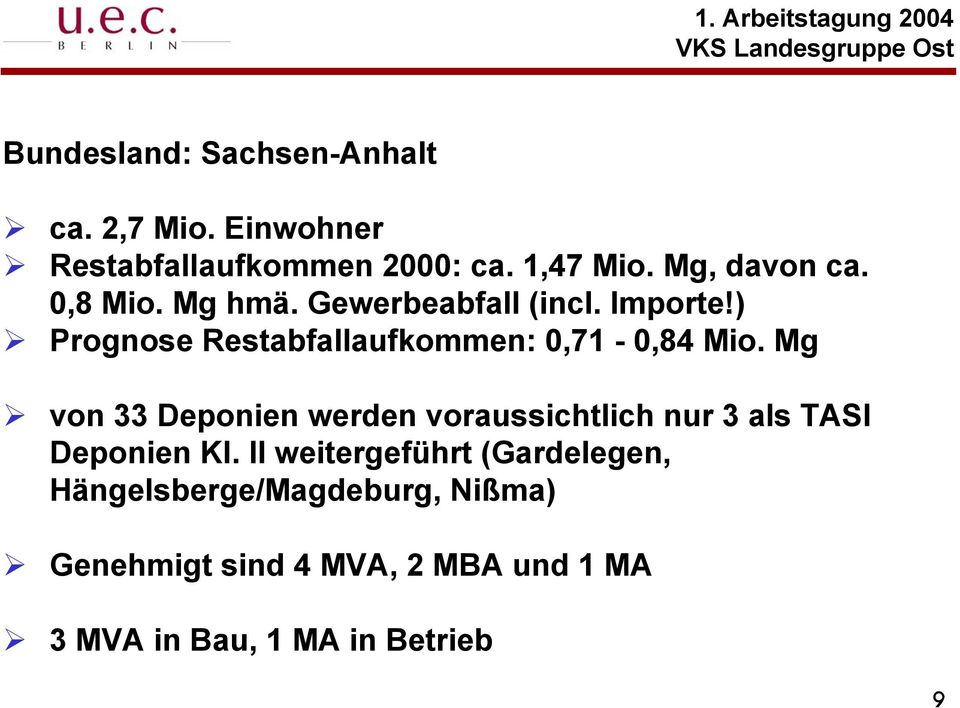 ) Prognose Restabfallaufkommen: 0,71-0,84 Mio.