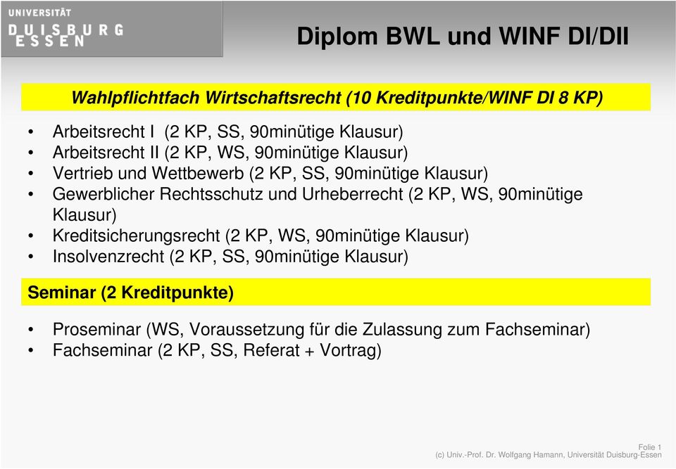 Urheberrecht (2 KP, WS, 90minütige Klausur) Kreditsicherungsrecht (2 KP, WS, 90minütige Klausur) Insolvenzrecht (2 KP, SS, 90minütige