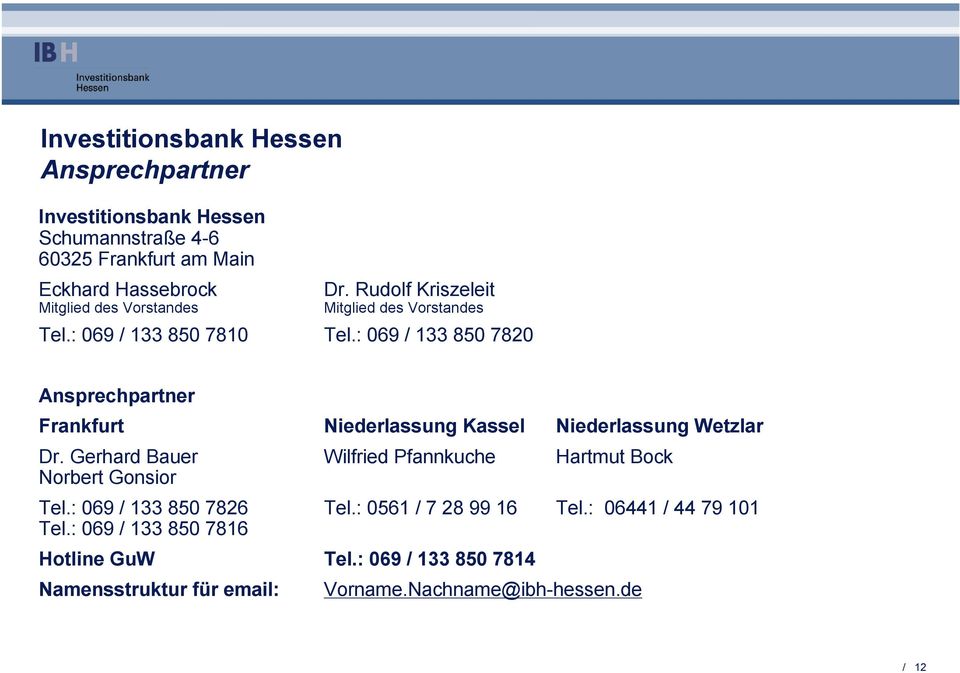: 069 / 133 850 7820 Ansprechpartner Frankfurt Niederlassung Kassel Niederlassung Wetzlar Dr.