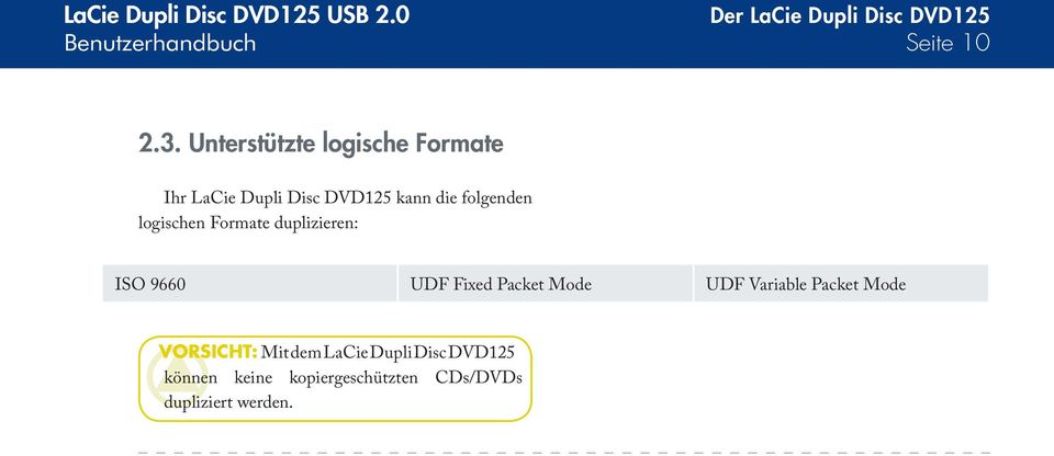 logischen Formate duplizieren: ISO 9660 UDF Fixed Packet Mode UDF Variable