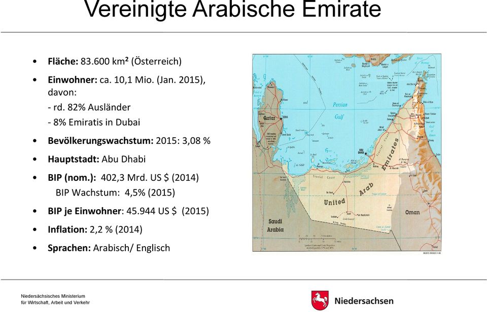 82% Ausländer 8% Emiratis in Dubai Bevölkerungswachstum: 2015: 3,08 % Hauptstadt: Abu