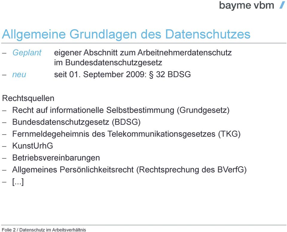September 2009: 32 BDSG Rechtsquellen Recht auf informationelle Selbstbestimmung (Grundgesetz)