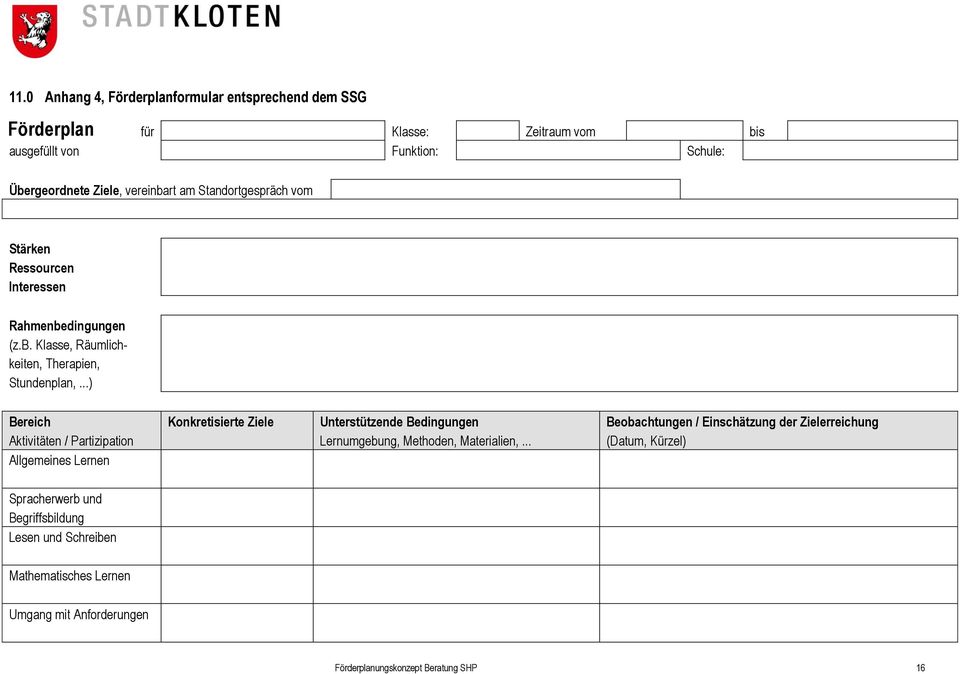 ..) Bereich Aktivitäten / Partizipation Allgemeines Lernen Konkretisierte Ziele Unterstützende Bedingungen Lernumgebung, Methoden, Materialien,.