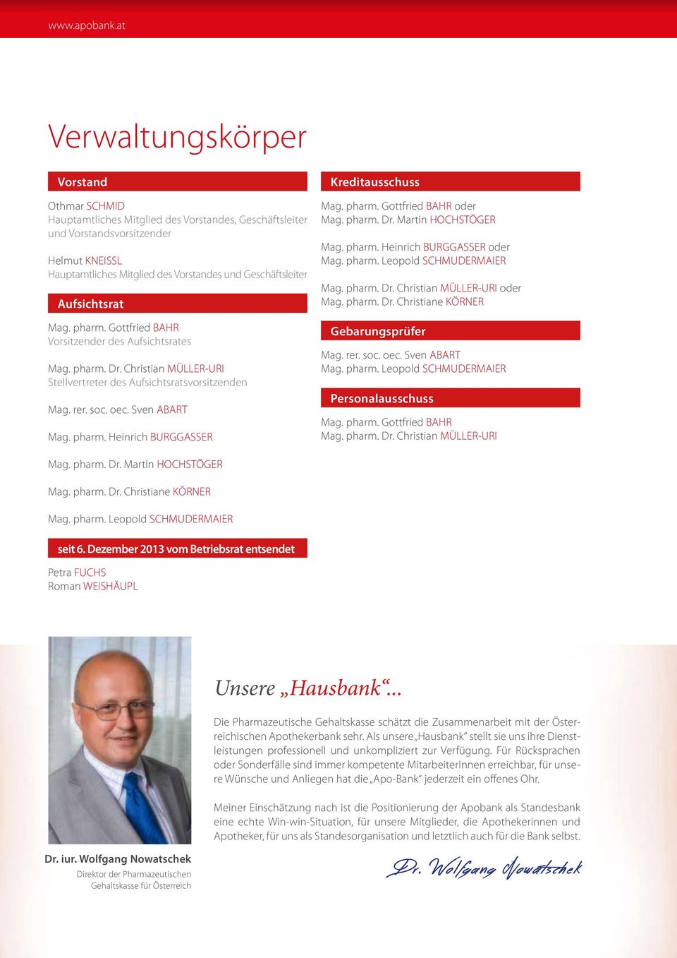 Aufsichtsrat Mag. pharm. Gottfried BAHR Vorsitzender des Aufsichtsrates Mag. pharm. Dr. Christian MÜLLER-URI Stellvertreter des Aufsichtsratsvorsitzenden Mag. rer. soc. oec. Sven ABART Mag. pharm. Heinrich BURGGASSER Kreditausschuss Mag.