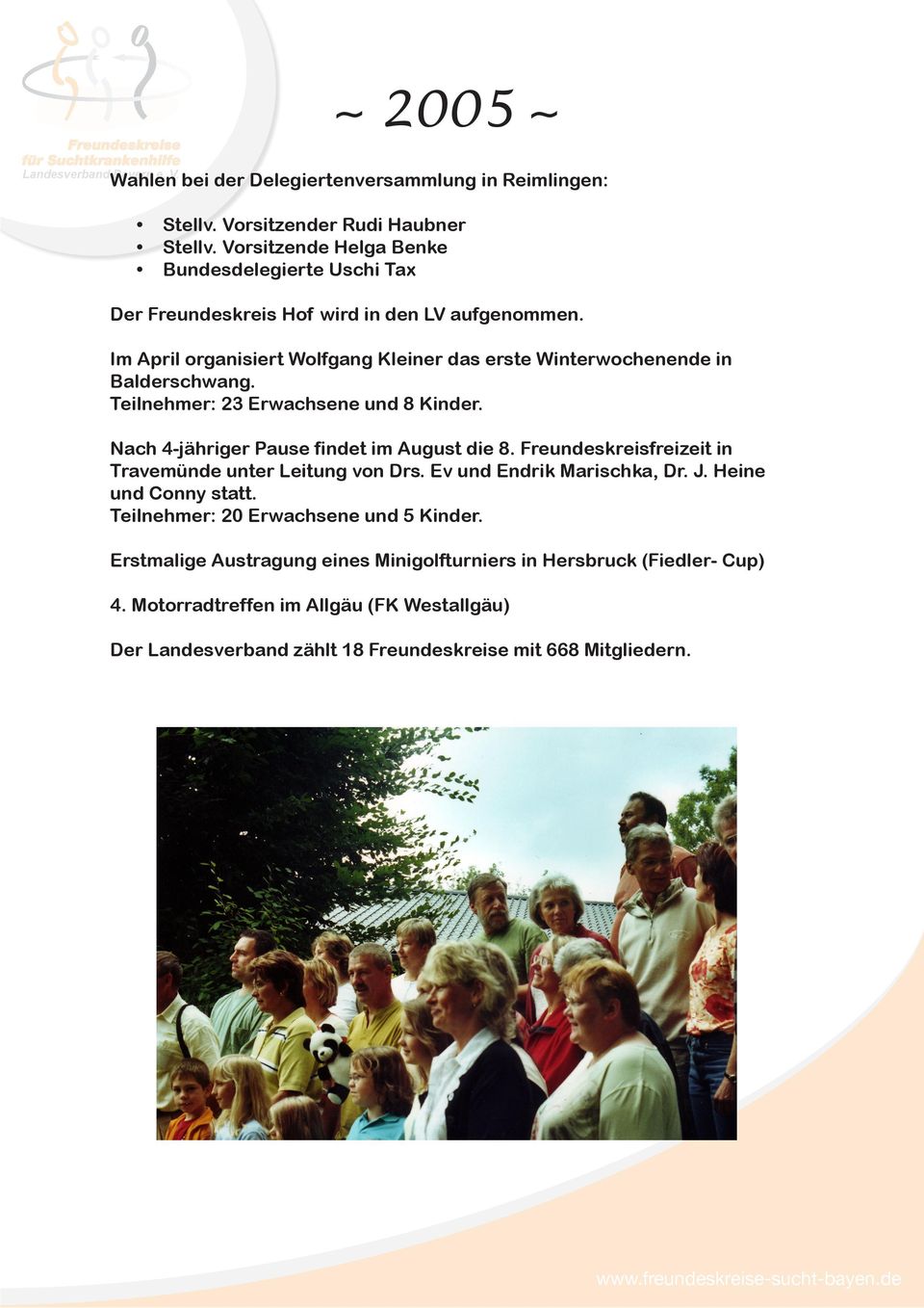 Im April organisiert Wolfgang Kleiner das erste Winterwochenende in Balderschwang. Teilnehmer: 23 Erwachsene und 8 Kinder. Nach 4-jähriger Pause findet im August die 8.