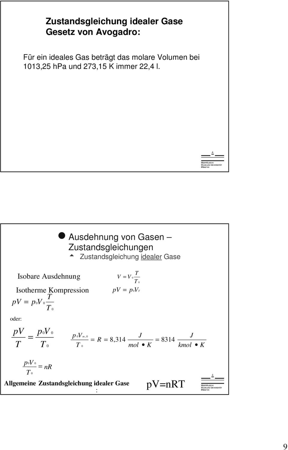 n Ausdehnung von Gasen Zustandsgleichungen t Zustandsgleichung idealer Gase Isobare Ausdehnung