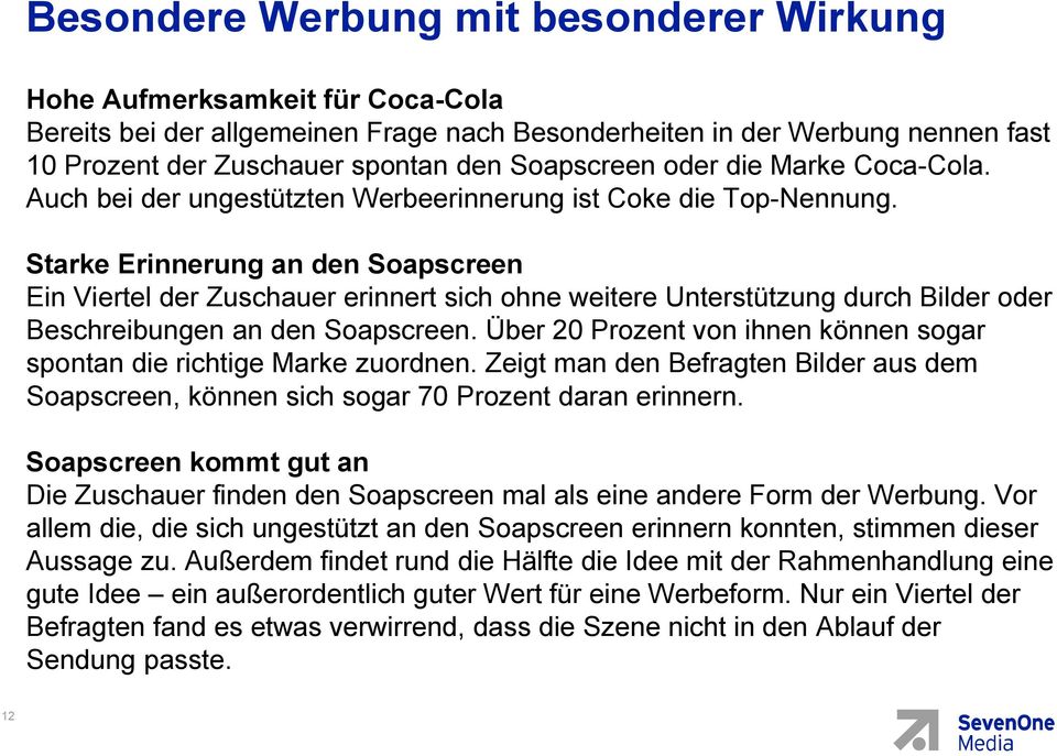 Starke Erinnerung an den Soapscreen Ein Viertel der Zuschauer erinnert sich ohne weitere Unterstützung durch Bilder oder Beschreibungen an den Soapscreen.