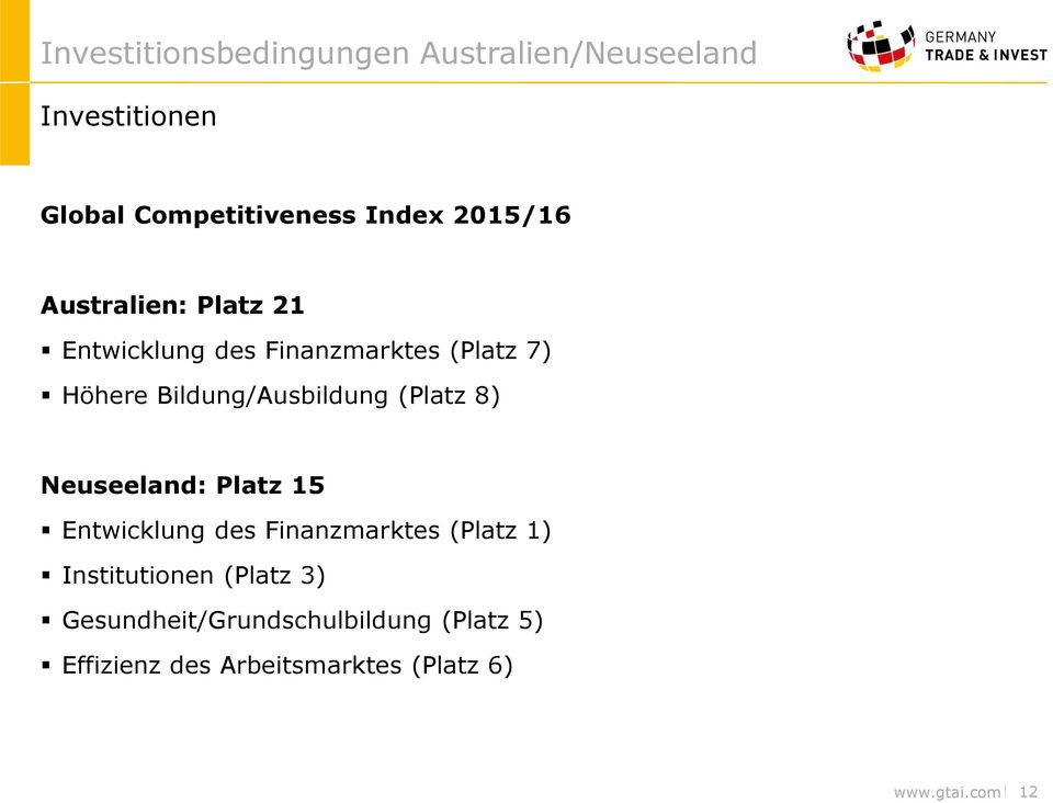 Neuseeland: Platz 15 Entwicklung des Finanzmarktes (Platz 1) Institutionen