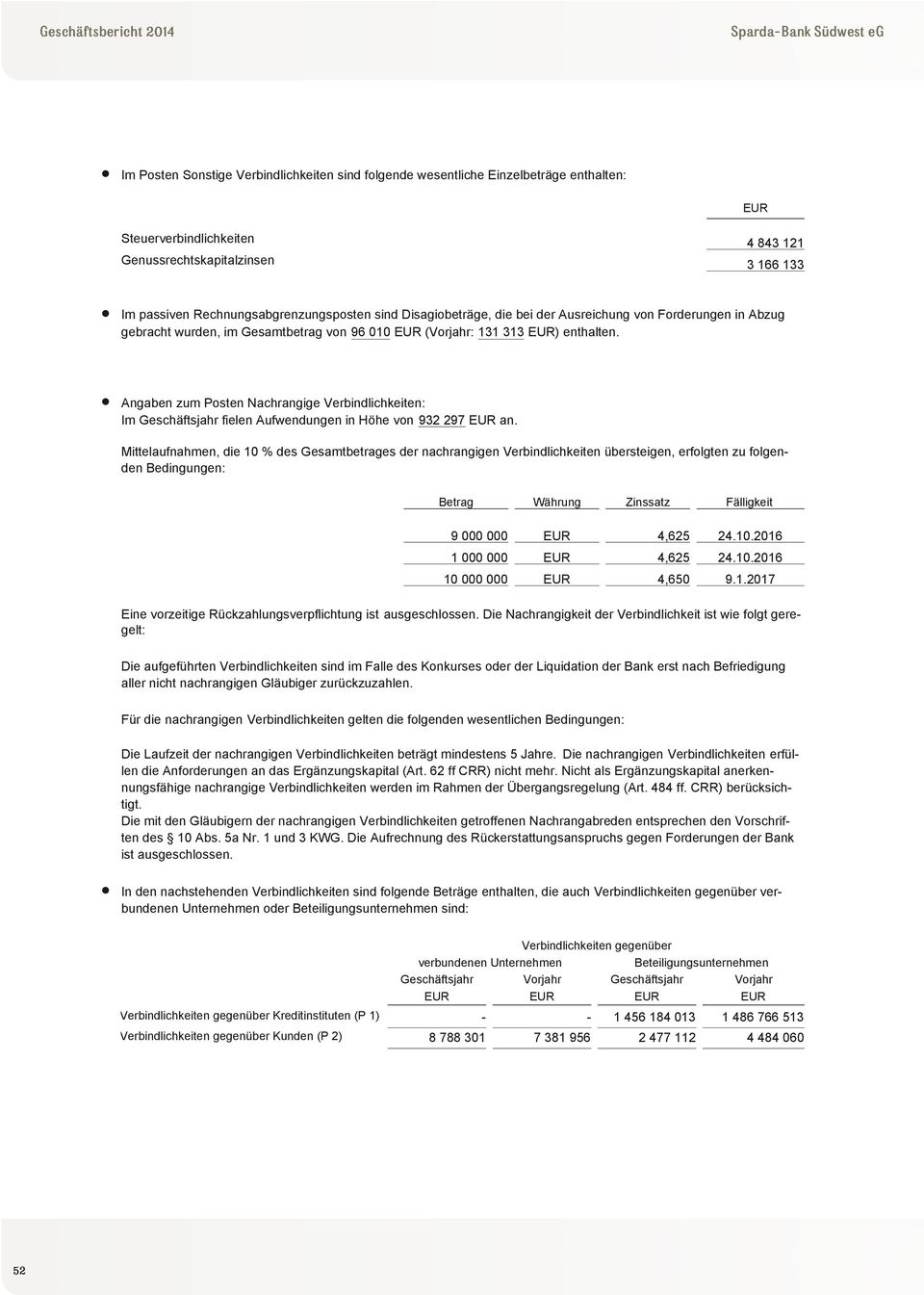 Angaben zum Posten Nachrangige Verbindlichkeiten: Im Geschäftsjahr fielen Aufwendungen in Höhe von 932 297 EUR an.
