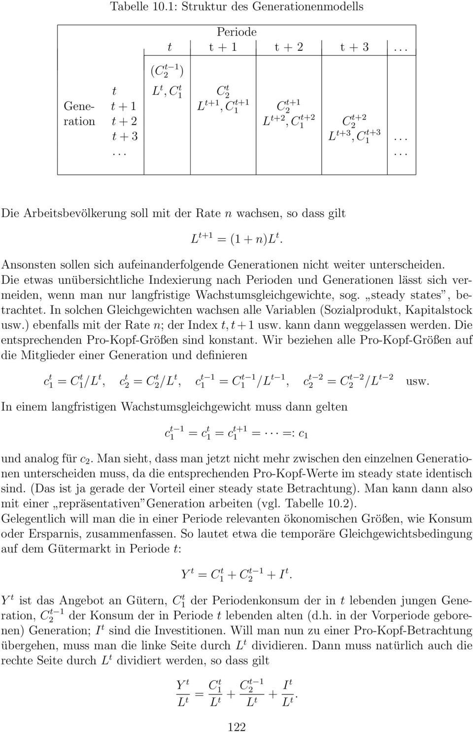 Die etwas unübersichtliche Indexierung nach Perioden und Generationen lässt sich vermeiden, wenn man nur langfristige Wachstumsgleichgewichte, sog. steady states, betrachtet.