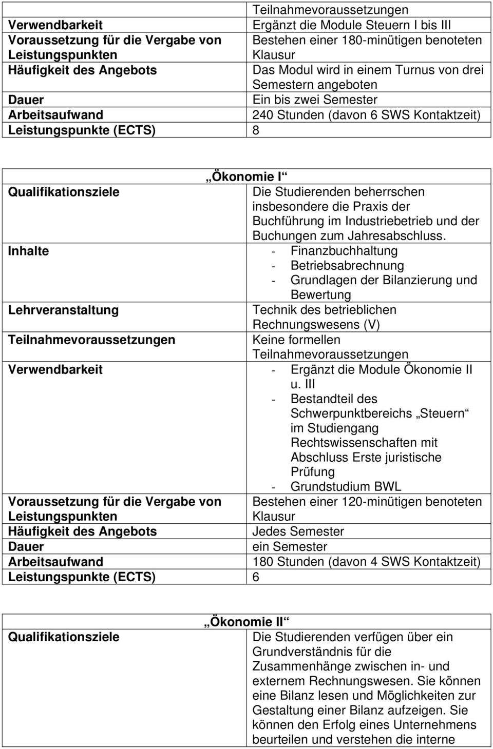 - Finanzbuchhaltung - Betriebsabrechnung - Grundlagen der Bilanzierung und Bewertung Technik des betrieblichen Rechnungswesens (V) Verwendbarkeit - Ergänzt die Module Ökonomie II u.