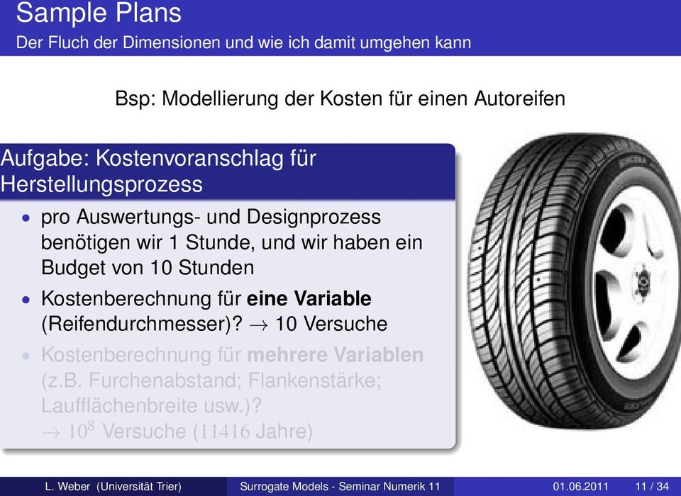 Kostenberechnung für eine Variable (Reifendurchmesser)? 10 Versuche Kostenberechnung für mehrere Variablen (z.b. Furchenabstand; Flankenstärke; Laufflächenbreite usw.