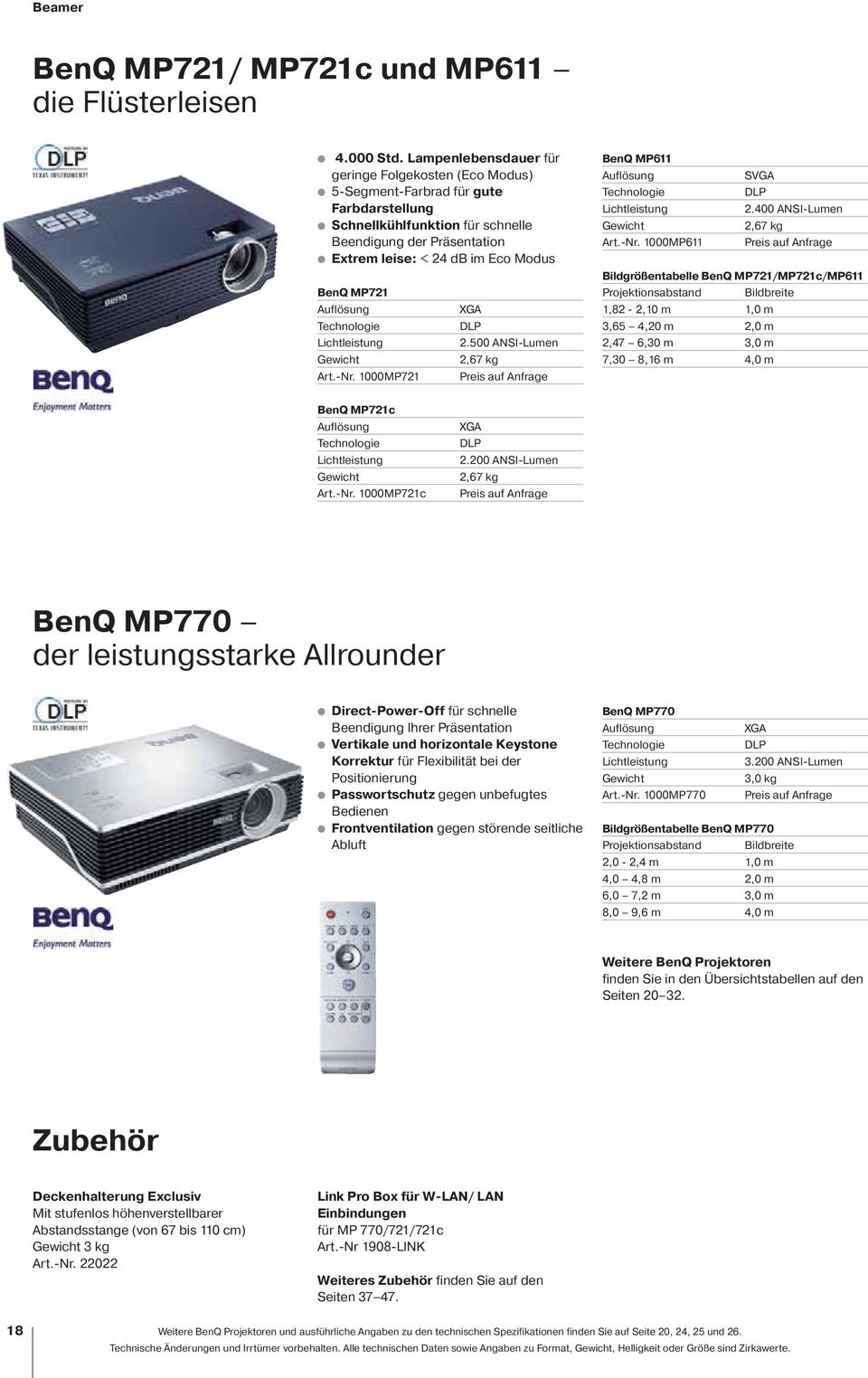 MP7 Art.-Nr. 000MP7.500 ANSI-Lumen,67 kg BenQ MP6 SVGA.400 ANSI-Lumen,67 kg Art.-Nr. 000MP6 Bildgrößentabelle BenQ MP7/MP7c/MP6,8-,0m,0m 3,65 4,0 m,0 m,47 6,30 m 3,0 m 7,30 8,6 m 4,0 m BenQ MP7c Art.