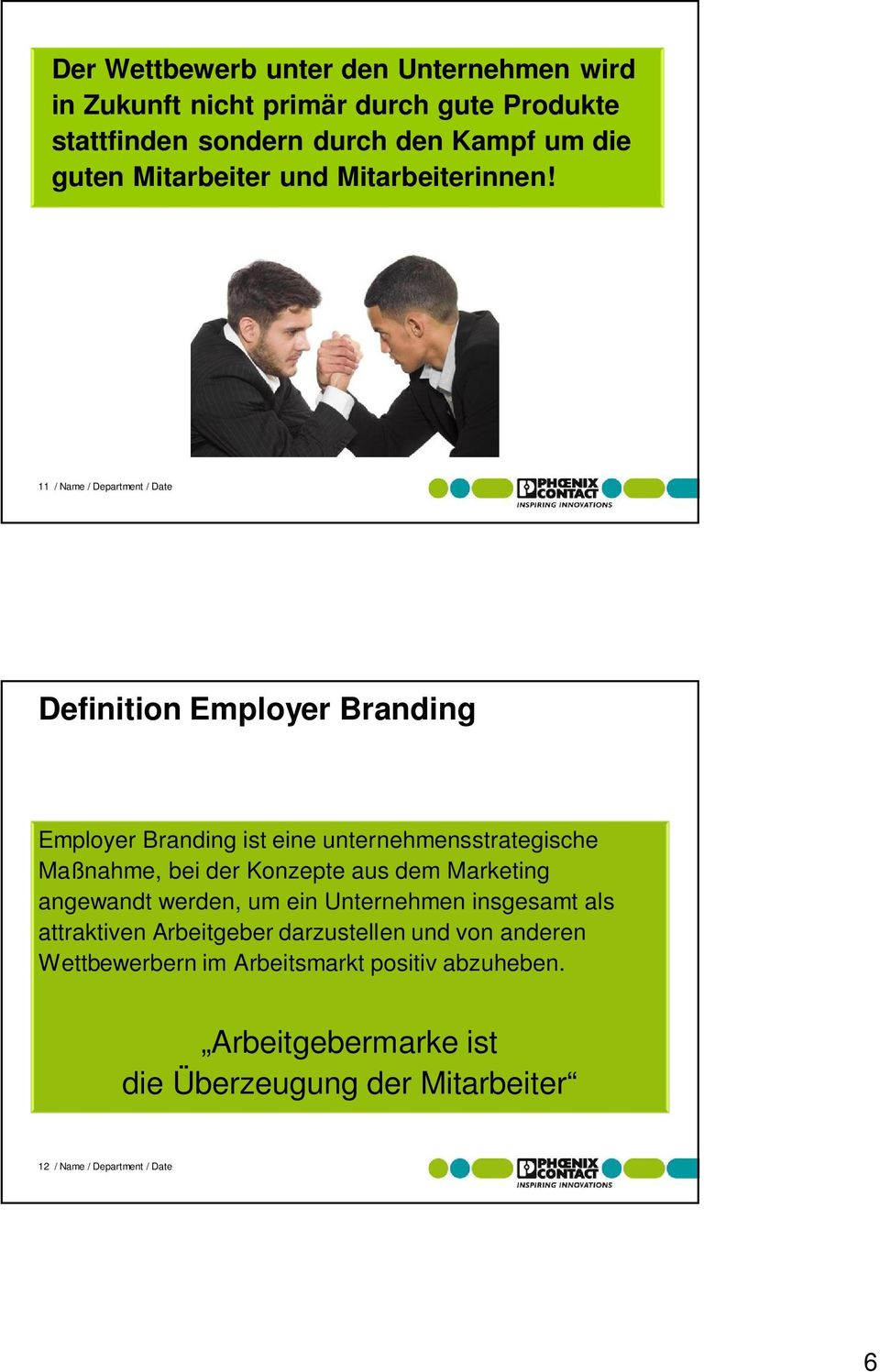 11 / Name / Department / Date Definition Employer Branding Employer Branding ist eine unternehmensstrategische Maßnahme, bei der Konzepte