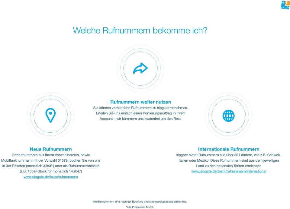 Neue Rufnummern Ortsrufnummern aus Ihrem Vorwahlbereich, sowie Mobilfunknummern mit der Vorwahl 01579, buchen Sie von uns in 3er-Paketen (monatlich 3.95 *) oder als Rufnummernblöcke (z.b. 100er-Block für monatlich 14.