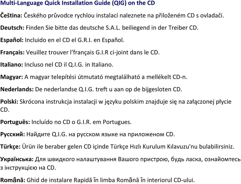 Magyar: A magyar telepítési útmutató megtalálható a mellékelt CD n. Nederlands: De nederlandse Q.I.G. treft u aan op de bijgesloten CD.