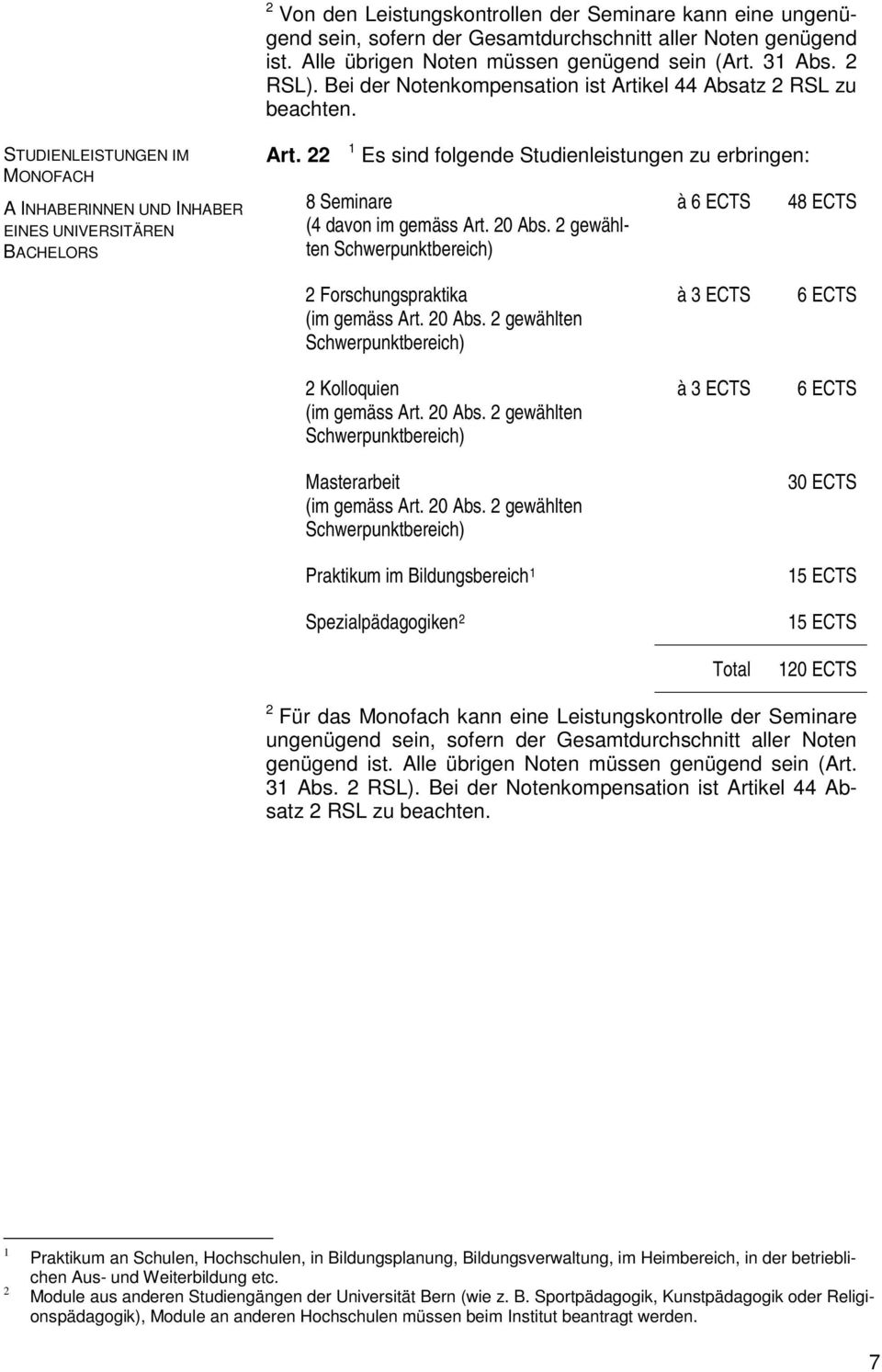 22 1 Es sind folgende Studienleistungen zu erbringen: 8 Seminare (4 davon im gemäss Art. 20 Abs.