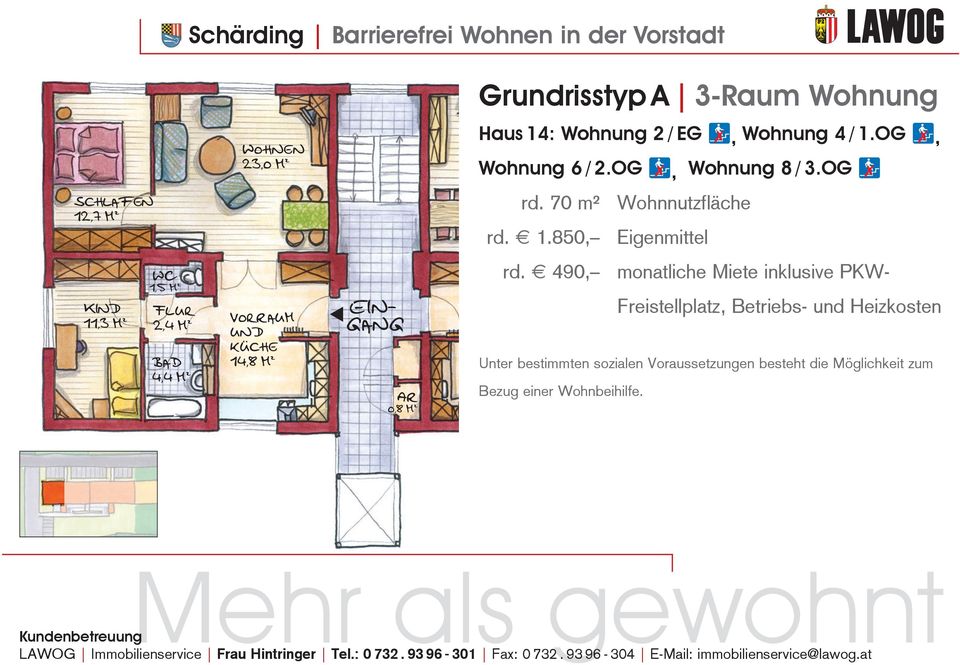 1,5 m² Flur 2,4 m² bad 4,4 m² vorraum und küche 14,8 m² Eingang AR o,8 m² rd.
