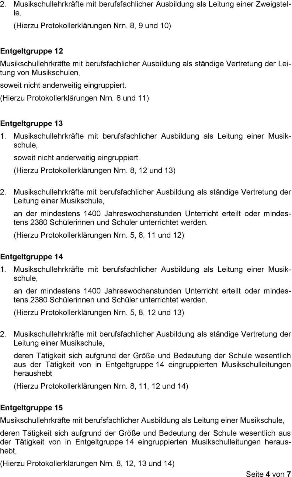 (Hierzu Protokollerklärungen Nrn. 8 und 11) Entgeltgruppe 13 1. Musikschullehrkräfte mit berufsfachlicher Ausbildung als Leitung einer Musikschule, soweit nicht anderweitig eingruppiert.