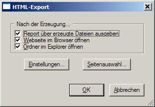92 4.10 Export Nach dem Aufruf des Menüs Datei Export Dokument als Webseite das folgende Dialogfenster: erscheint Stellen Sie mit den drei Häkchen ein, welche Aktion PriMus nach der Erzeugung