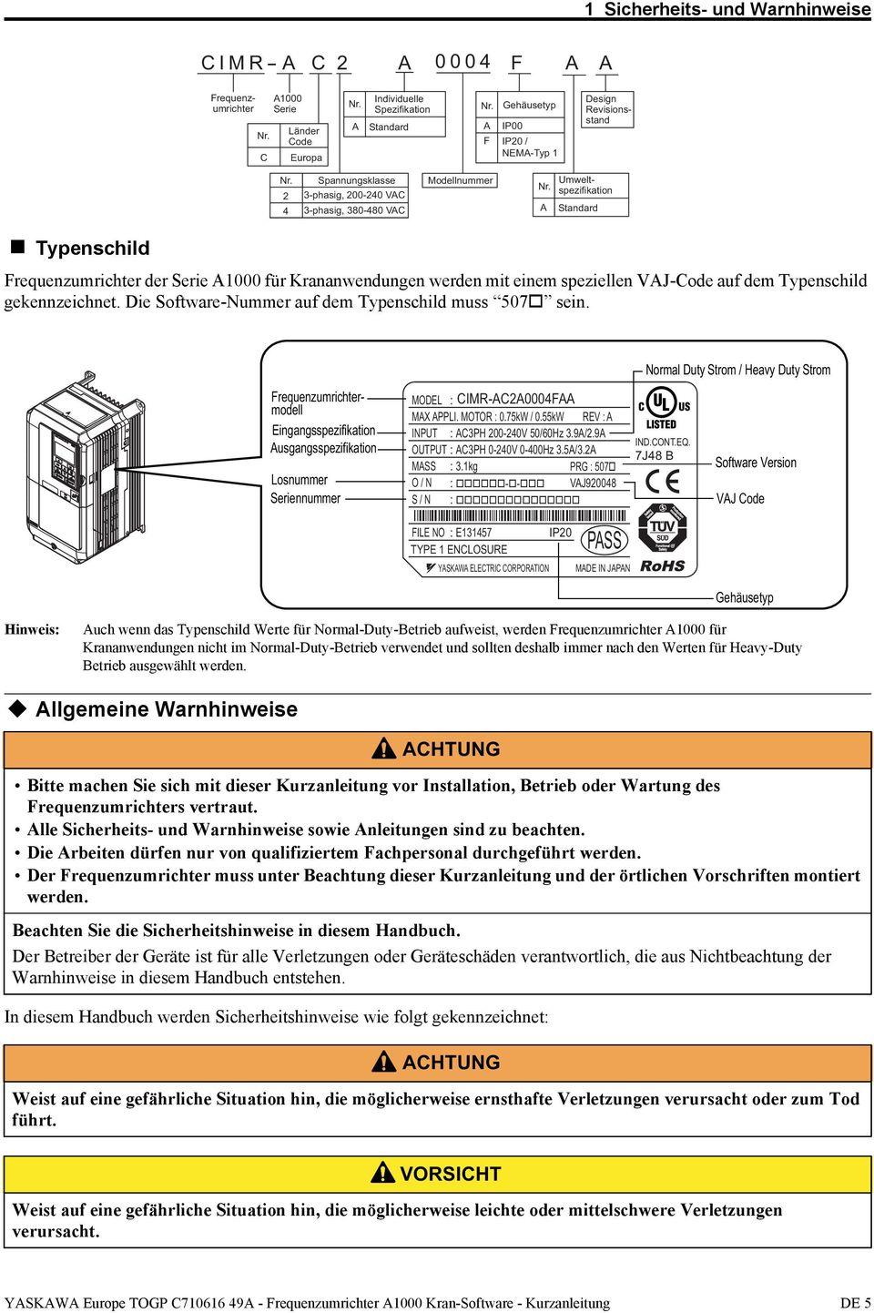 A Standard Typenschild Frequenzumrichter der Serie A1000 für Krananwendungen werden mit einem speziellen VAJ-Code auf dem Typenschild gekennzeichnet.