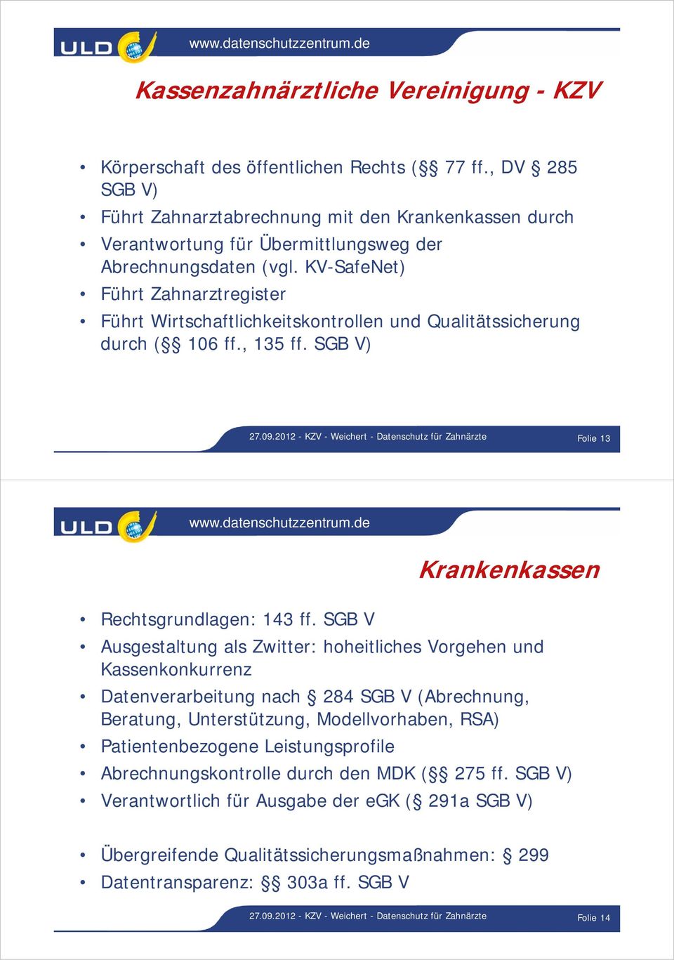 KV-SafeNet) Führt Zahnarztregister Führt Wirtschaftlichkeitskontrollen und Qualitätssicherung durch ( 106 ff., 135 ff. SGB V) 27.09.