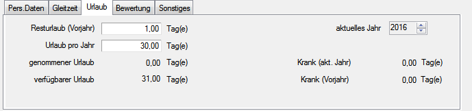 Der Übertrag der Rest-Urlaubstage aus dem Vorjahr (hier Übertrag Urlaubsanspruch aus 2015 ) ermittelt das Programm aus dem bekannten Anspruch des Vorjahrs.