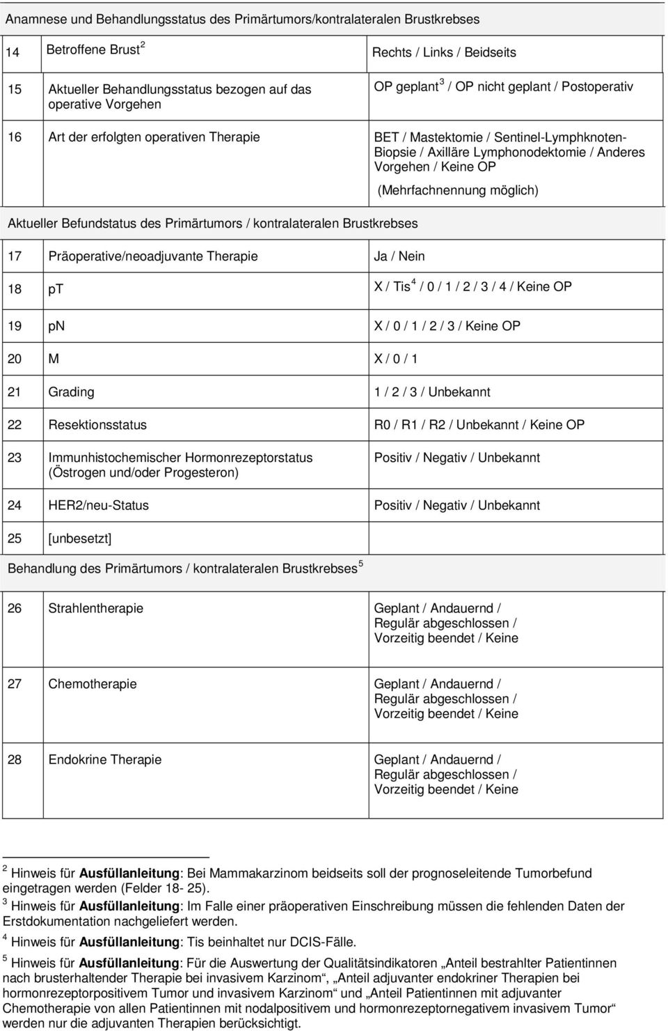 Aktueller Befundstatus des Primärtumors / kontralateralen Brustkrebses 17 Präoperative/neoadjuvante Therapie Ja / Nein 18 pt X / Tis 4 / 0 / 1 / 2 / 3 / 4 / Keine OP 19 pn X / 0 / 1 / 2 / 3 / Keine