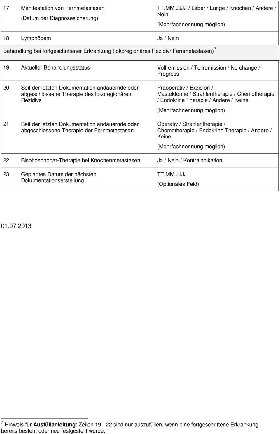 Rezidivs 21 Seit der letzten Dokumentation andauernde oder abgeschlossene Therapie der Fernmetastasen Präoperativ / Exzision / Mastektomie / Strahlentherapie / Chemotherapie / Endokrine Therapie /