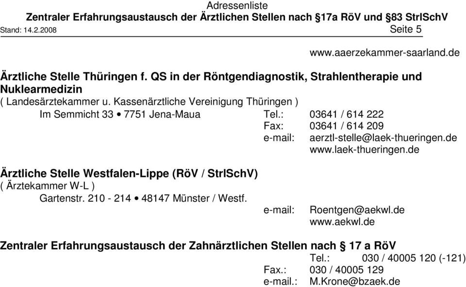 Kassenärztliche Vereinigung Thüringen ) Im Semmicht 33 7751 Jena-Maua Tel.: 03641 / 614 222 Fax: 03641 / 614 209 aerztl-stelle@laek-thueringen.de www.