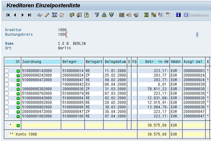 Kreditoren-Einzelpostenliste Selektionsergebnis daten Archivdaten via