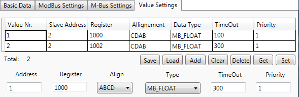 5.2.2.4 Value Settings Fenster In dem Value Settings Fenster werden die Werte festgelegt die von dem Modbus-Gerät / Sensor auf MBus umgesetzt werden sollen.