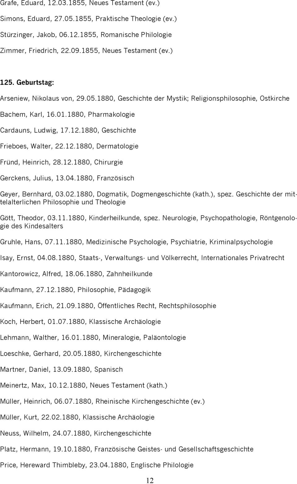 12.1880, Dermatologie Fründ, Heinrich, 28.12.1880, Chirurgie Gerckens, Julius, 13.04.1880, Französisch Geyer, Bernhard, 03.02.1880, Dogmatik, Dogmengeschichte (kath.), spez.